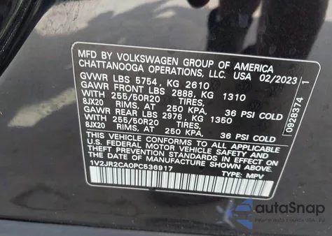 2023 Volkswagen Atlas 3.6L V6 Se W/Technology from USA, damaged, VIN 1V2JR2CA0PC536917